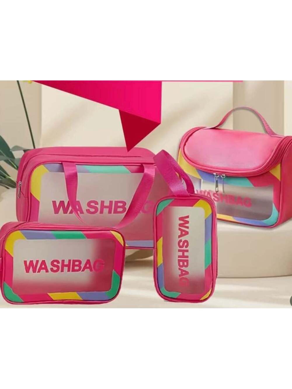 New - 4Pcs - Large Capacity Cosmetic /Toiletries Bag Set - Rose Red /Clear